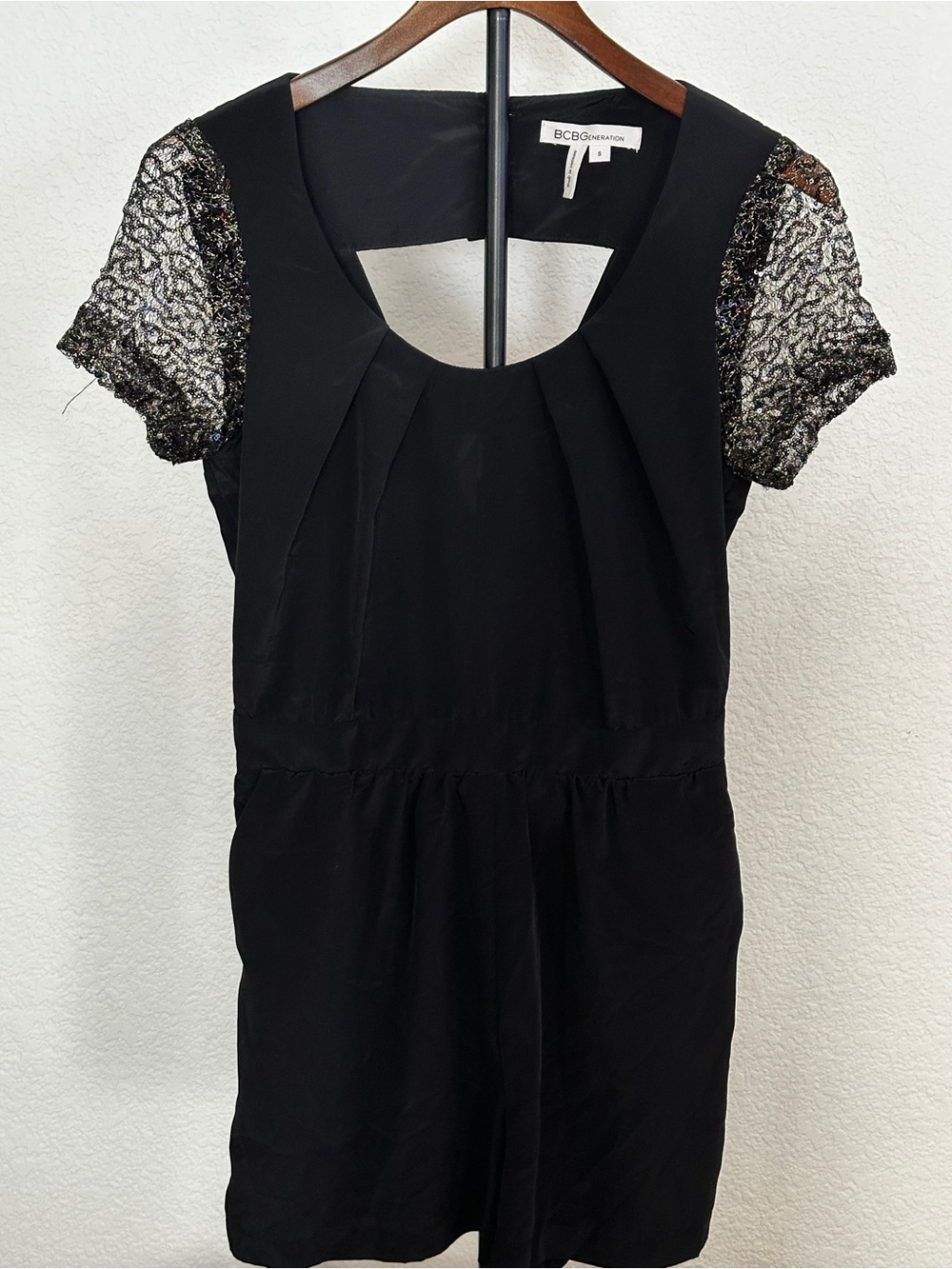 BCBGeneration Black Dressy Romper with Metallic Sequin Sleeves